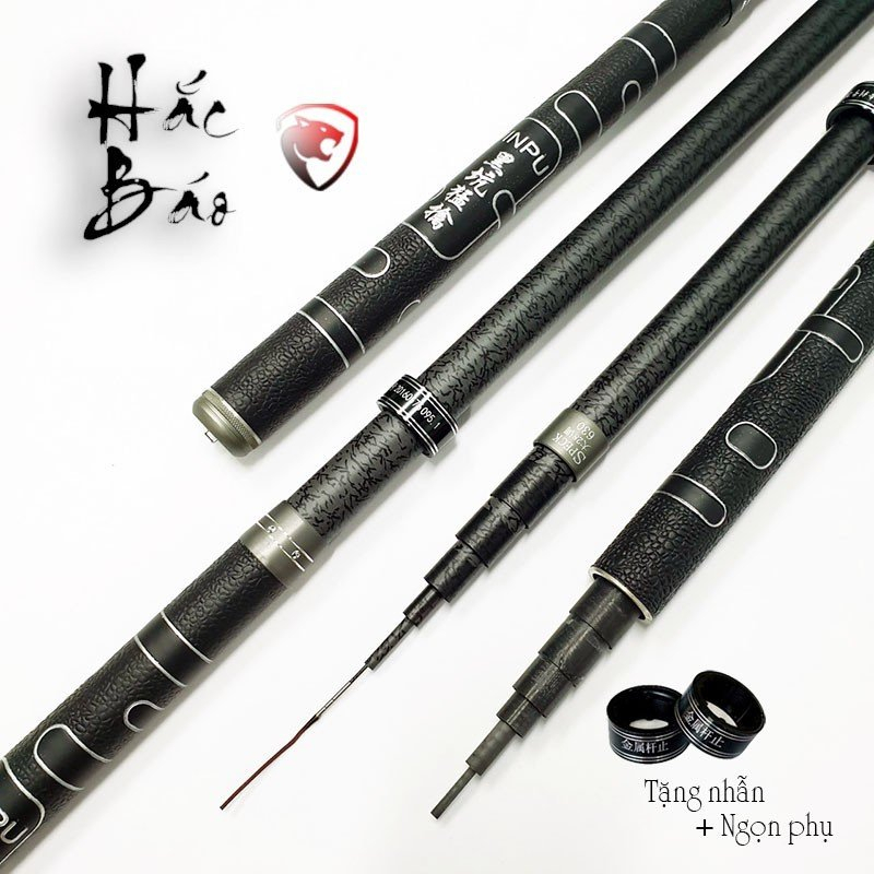 Cần câu tay, câu đơn Hắc Báo 5H chất liệu carbon, màu sắc và thiết kế đẹp mắt, Tặng kèm nhẫn và ngọn phụ khi mua cần