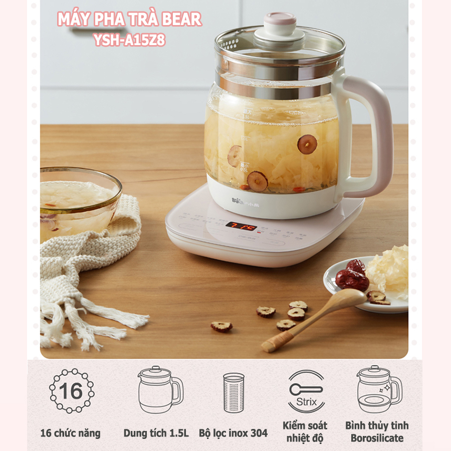 Máy pha trà Bear 1.5L, 16 chế độ, chưng yến, pha sữa, hâm sữa – Hàng chính hãng bảo hành 6-18 tháng