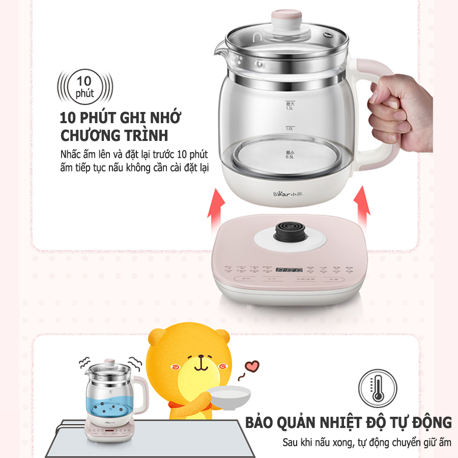 Máy pha trà Bear 1.5L, 16 chế độ, chưng yến, pha sữa, hâm sữa – Hàng chính hãng bảo hành 6-18 tháng