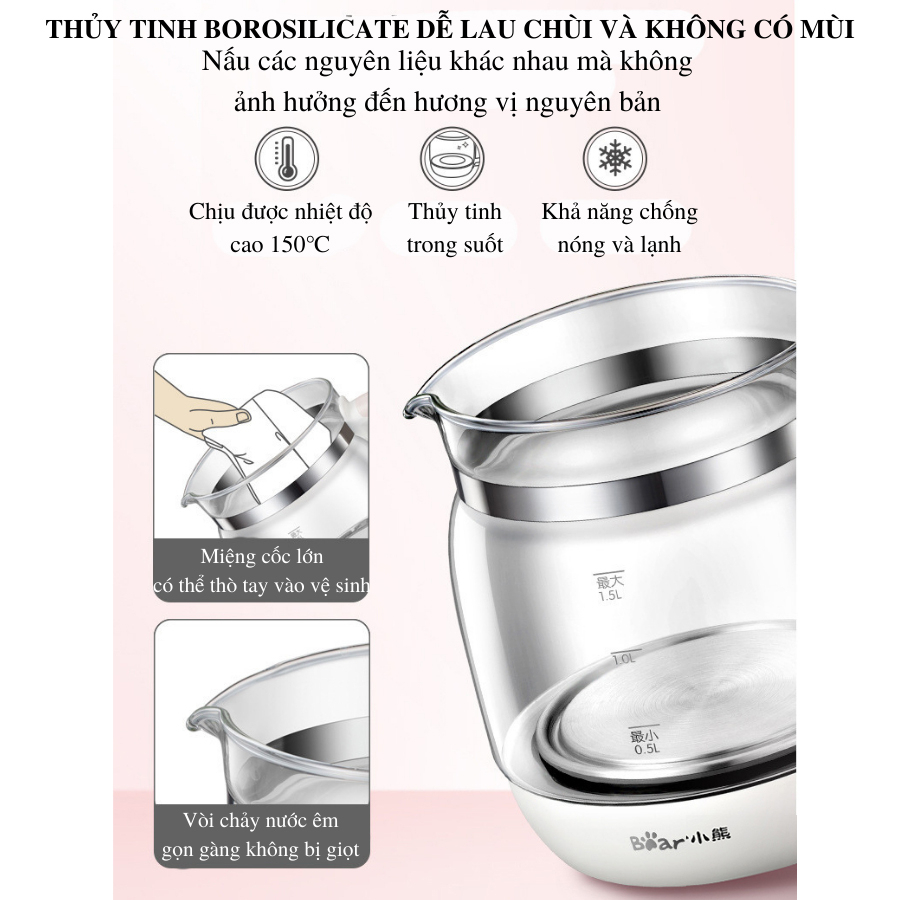 Máy pha trà Bear 1.5L, 16 chế độ, chưng yến, pha sữa, hâm sữa – Hàng chính hãng bảo hành 6-18 tháng