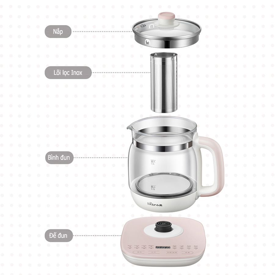 Máy pha trà Bear 1.5L, 16 chế độ, chưng yến, pha sữa, hâm sữa – Hàng chính hãng bảo hành 6-18 tháng
