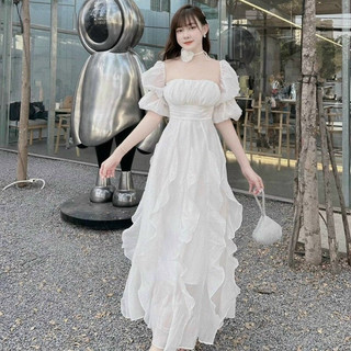 Đầm maxi tơ bèo kèm hoa cổ