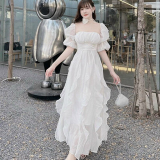 Đầm maxi tơ bèo kèm hoa cổ
