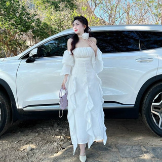 Đầm maxi tơ bèo kèm hoa cổ