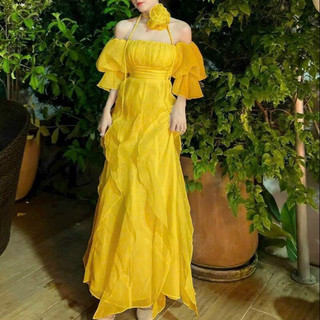 Đầm maxi tơ bèo kèm hoa cổ