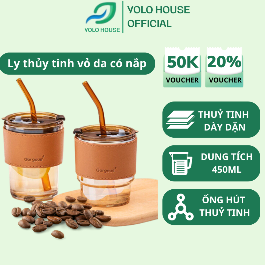 Ly thủy tinh vỏ da có nắp và ống hút dễ thương decor, cốc thủy tinh đẹp uống nước cafe sinh tố cao cấp YOLO SMART HOUSE