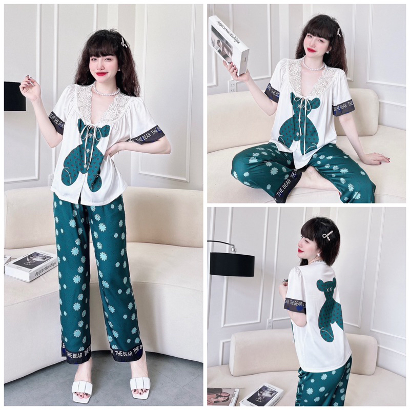 SP_97 Đồ bộ pijama BOLOBALA áo tay ngắn quần dài cổ ren cột nơ chất lụa latin phối hoạ tiết mới, dễ thương