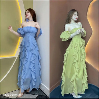 Đầm maxi tơ bèo kèm hoa cổ