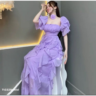 Đầm maxi tơ bèo kèm hoa cổ