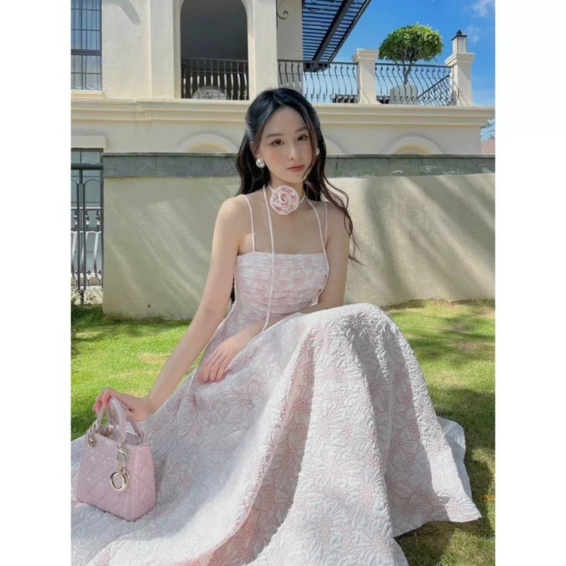Đầm váy nữ 2 dây xinh sắn họa tiết xếp ly ngực sang chảnh dáng xòe duyên dáng kèm dây cổ đính hoa dễ thương