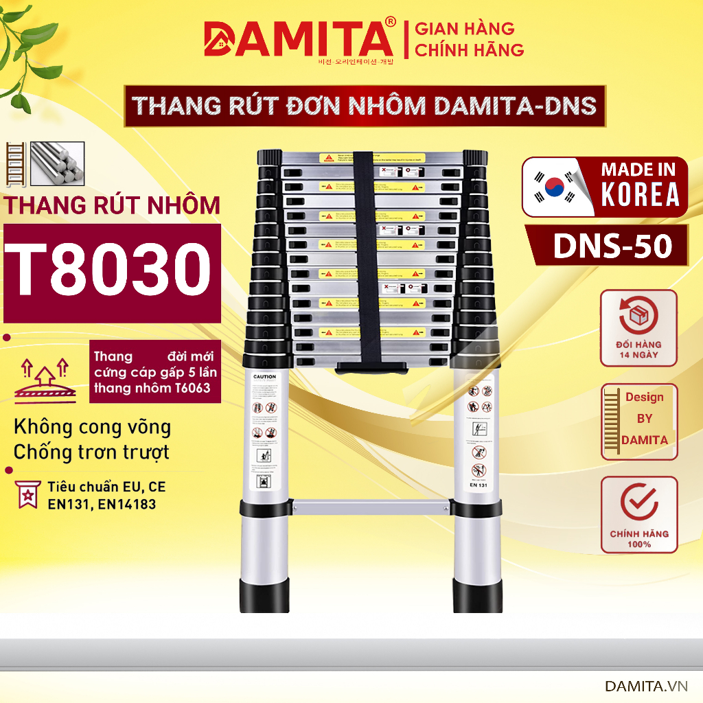 THANG NHÔM RÚT ĐƠN 5.0m Nhôm T8030  DAMITA HÀN QUỐC 2022 cao cấp hàng nhập khẩu bảo hành 24 tháng