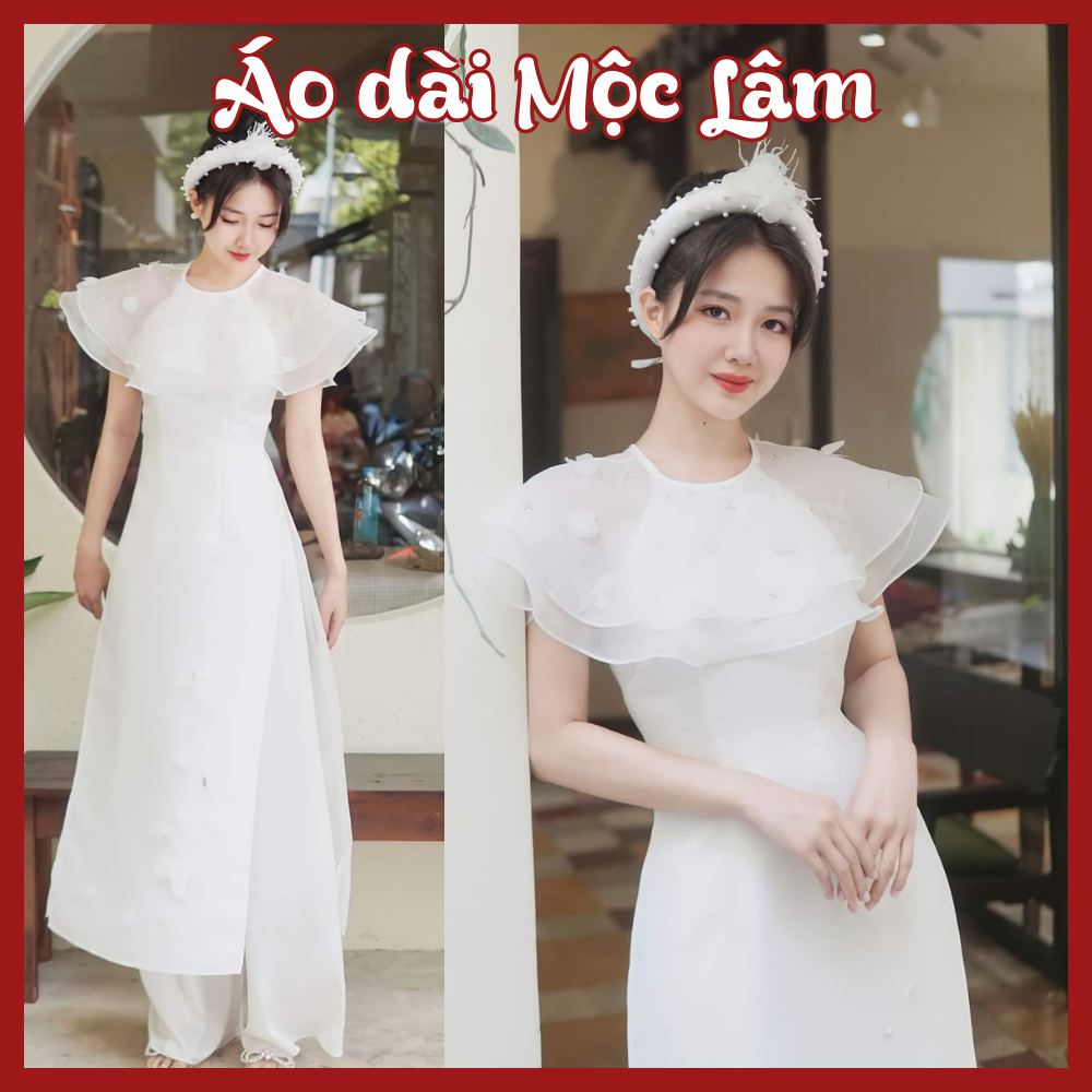Áo dài cách tân nữ màu trắng đính kết thiết kế cổ yếm tay bồng điệu đà - Shop Áo dài Mộc Lâm - ML22