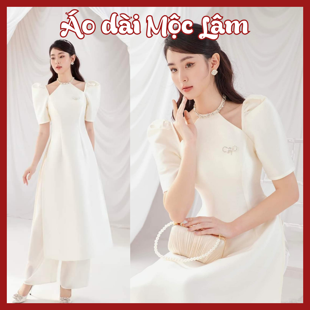 Áo dài cách tân nữ cổ yếm tay bồng chất liệu tafta chuẩn form cao cấp - Shop áo dài Mộc Lâm - ML23