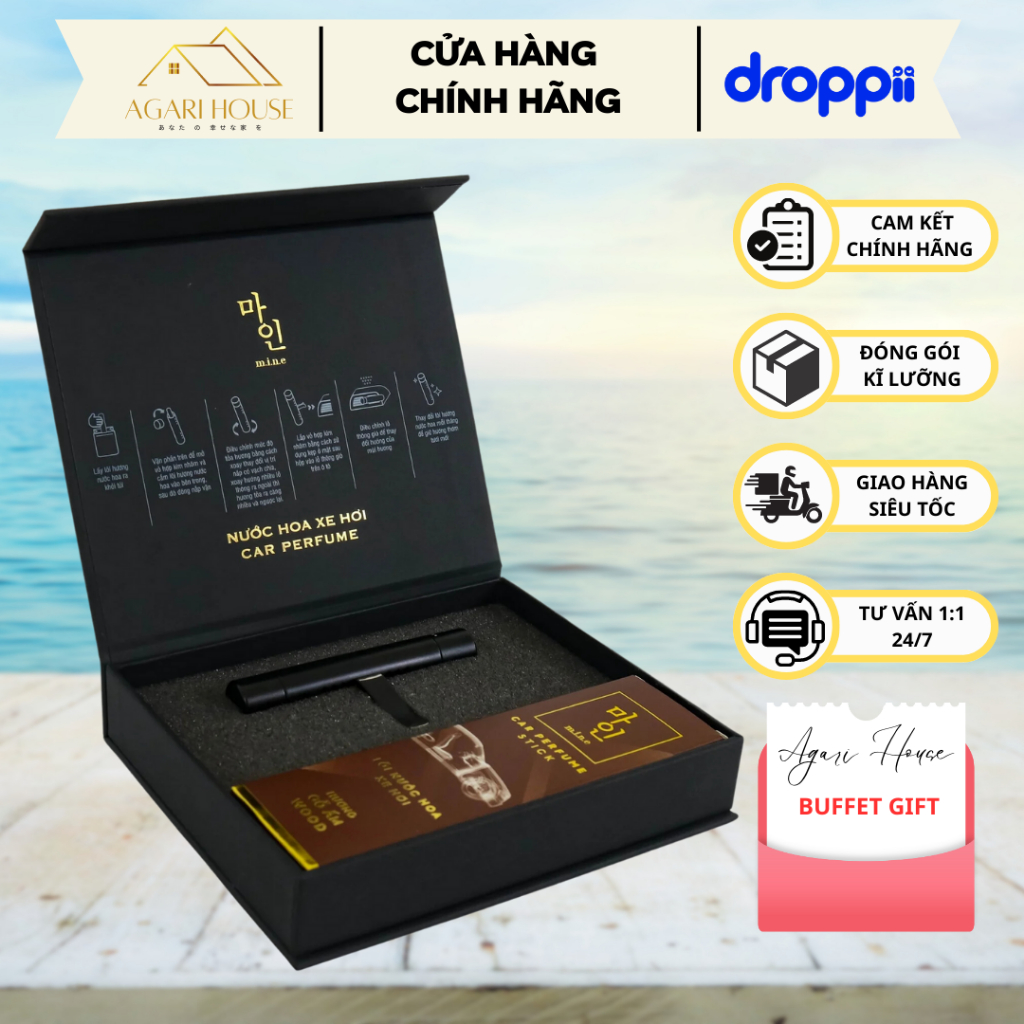 Bộ nước hoa ô tô cao cấp MINE gồm 1 vỏ nhôm kẹp cửa gió + 1 lõi tỏa hương 3 mùi Gỗ ấm/ Thảo mộc/ Trái cây