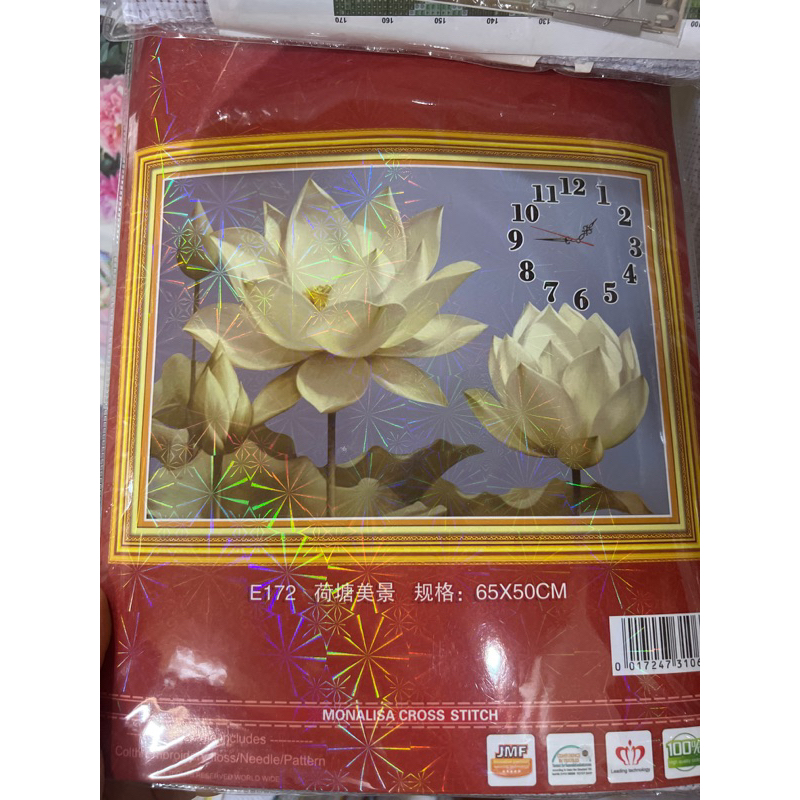 tranh thêu chữ thập phong cảnh đồng hồ hoa sen e172 (65x50)cm