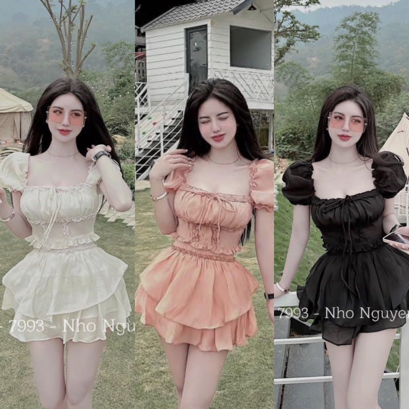 Set Tơ Ánh Kim Bẹt Trễ Vai Tay Phồng Nhún Eo + Váy Xoè Tầng Bèo