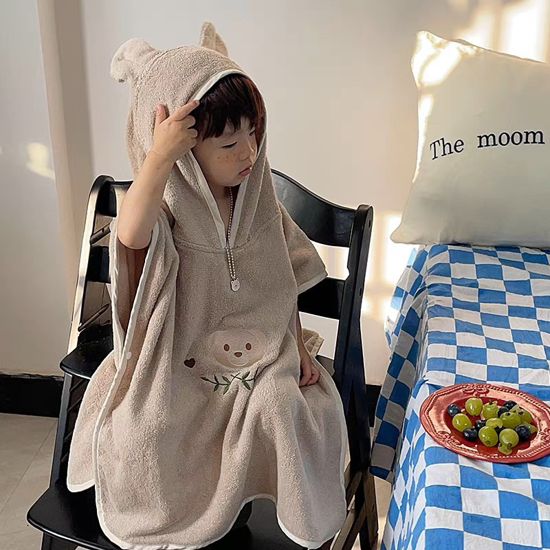 Khăn Choàng Tắm Có Mũ Thêu Gấu, Thỏ Phong Cách Hàn Quốc Cho Bé Đi Biển Đi Bơi