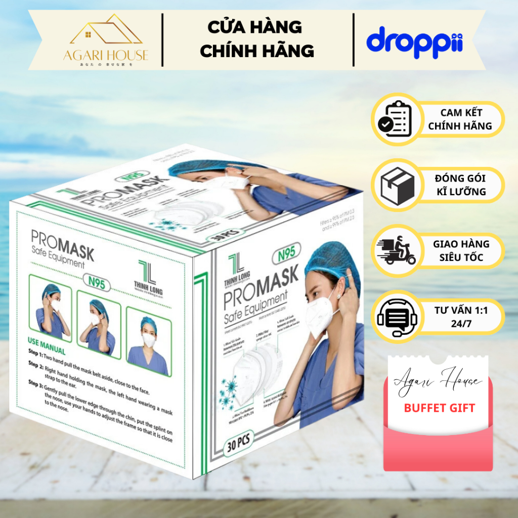 Khẩu trang y tế THỊNH LONG N95 Promask không van 5 lớp kháng khuẩn, lọc bụi và chống giọt bắn hộp 10/30 cái