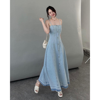 Đầm midi jean 2 dây lai tưa phối nút mạ
