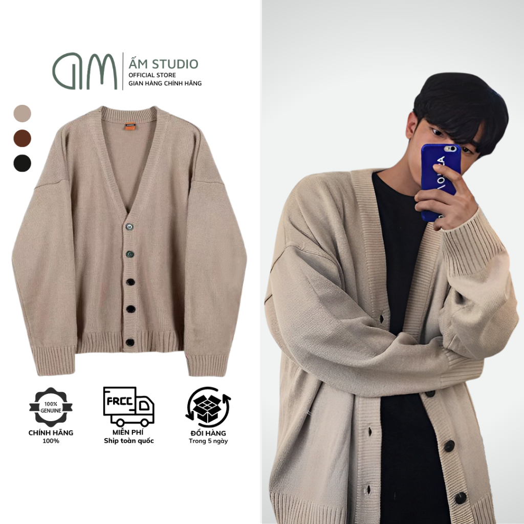 Áo Áo Cardigan Len Nam/ Nữ | Chất Liệu Len Cao Cấp - Form Dáng Hàn Quốc - 2 Màu Đen vs Be - CB01 - ẤM STUDIO