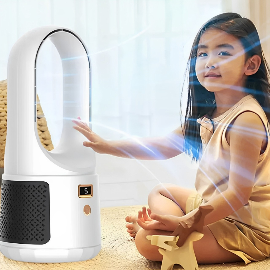 Quạt điện không lá cánh, quạt tích điện không cánh để bàn sạc USB 6 chế độ màn hình LED đa chức năng, bảo hành 12 tháng