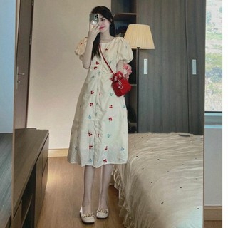 Đầm maxi dáng suông ❤️freeship❤️ cổ tròn nhún ngực đính nút xinh xắn