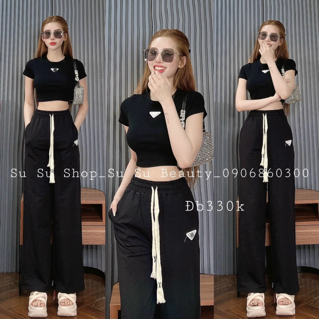 Set bộ đồ nữ thun phối áo croptop với quần ống rộng đơn giản, xinh xắn