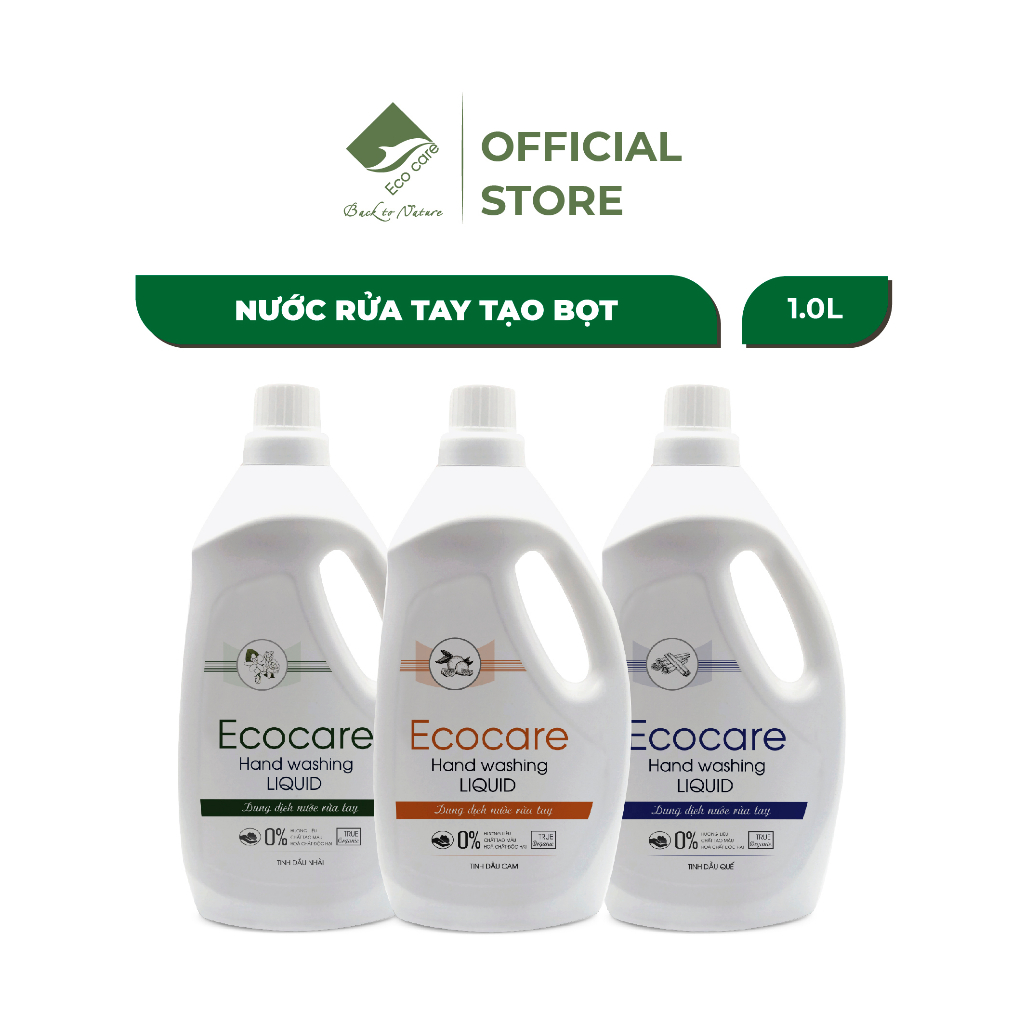 Nước Rửa Tay Hữu Cơ ECOCARE 1000ml Kết Hợp Tinh Dầu Thiên Nhiên (Cam/Quế/Nhài), An Toàn Cho Bé, Phụ Nữ Mang Thai