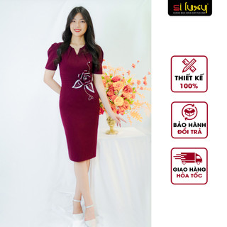 Đầm công sở nữ Siluxy đỏ đô Thiết Kế Cao Cấp dáng ôm tay bồng đính hoa eo thủ công tinh tế Giới Hạn Số Lượng