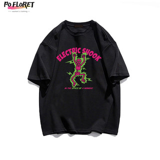Áo thun unisex POFLORET 100% cotton dáng rộng in họa tiết bộ xương thời trang oversize