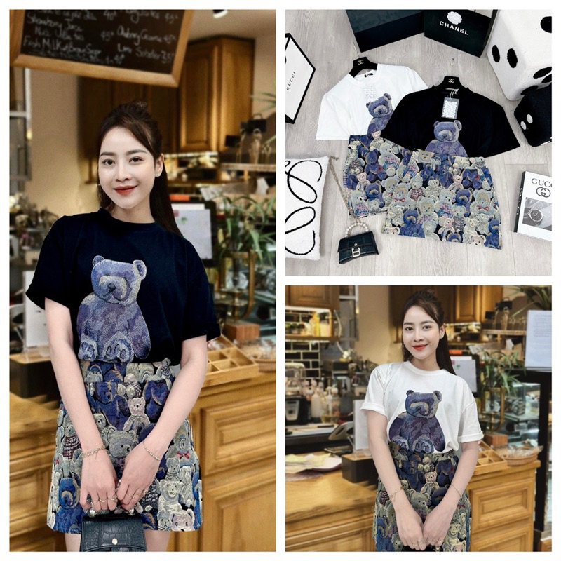 Set áo phông gấu mix chân váy siêu hot Áo cotton khô QC l1 dày đẹp, nẹp viền cổ cẩn thận, hình ép 5D nét