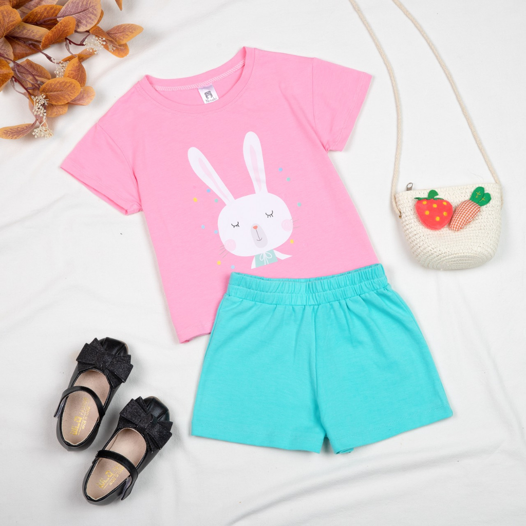 Bộ cộc tay bé gái thun cotton 4 chiều in hình elsa unicorn, bộ đùi bé gái tay ngắn bèo nhí Áo Lá Homewear NNB006