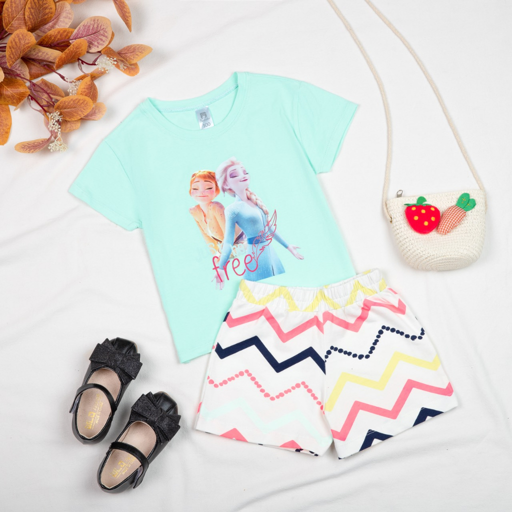 Bộ cộc tay bé gái thun cotton 4 chiều in hình elsa unicorn, bộ đùi bé gái tay ngắn bèo nhí Áo Lá Homewear NNB006