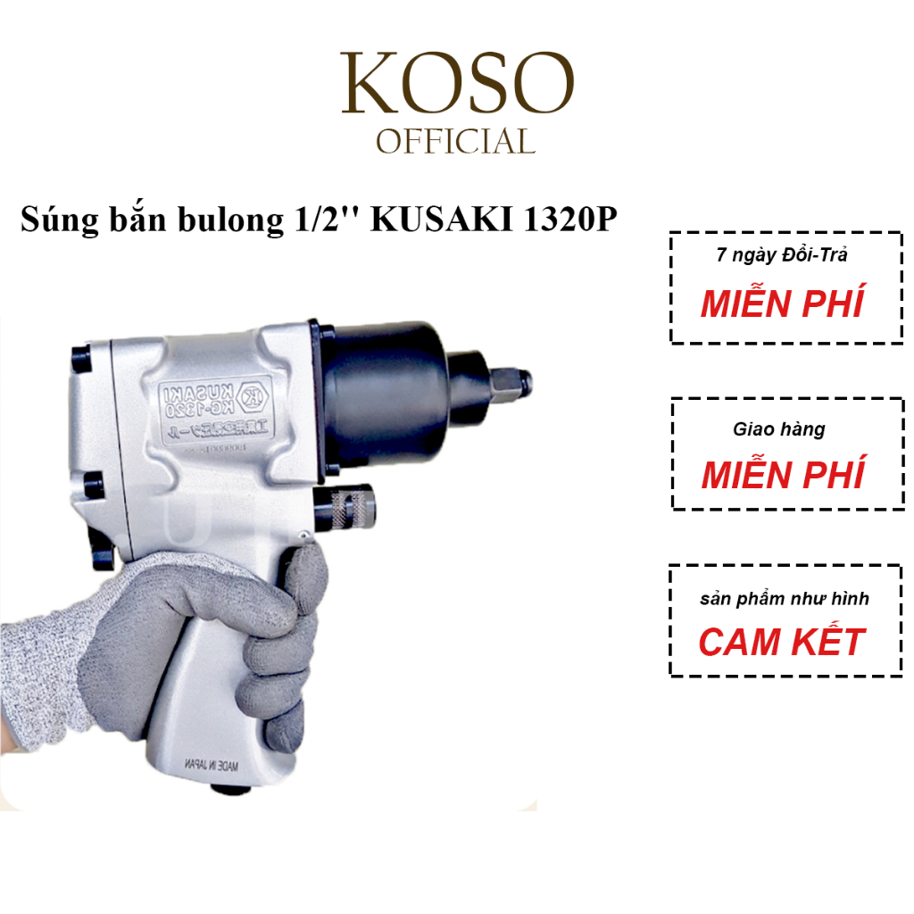 Súng bắn bulong 1/2'' KUSAKI 1320P ALONGTOOL, máy siết bulong hơi 2 búa Tốc độ không tải 8500 vòng/phút