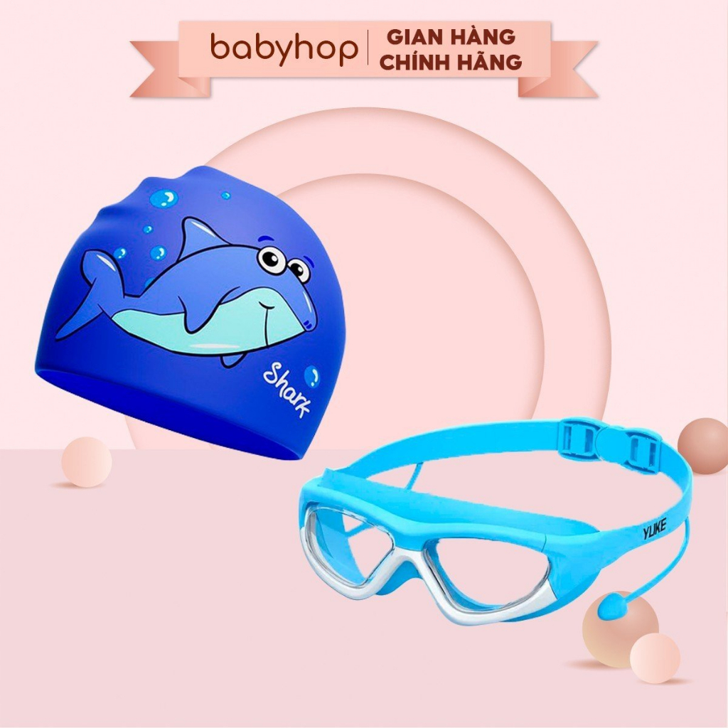 Combo mũ bơi và kính bơi kèm nút bịt tai chống sặc nước cho bé thương hiệu Yuke phân phối bởi Babyhop