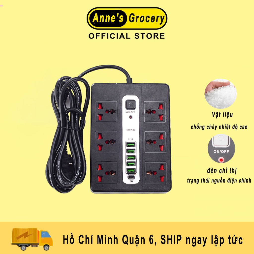 Ổ cắm đa cổng USB kèm cáp, ổ cắm điện thông minh gia đình, chuẩn giao tiếp TYPE C thế hệ mới và sạc nhanh USB 5V dài 2m