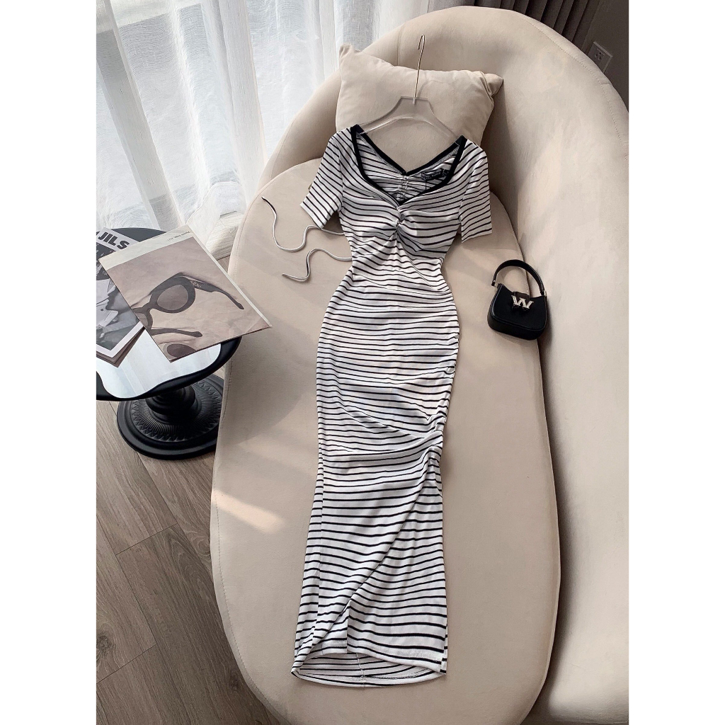 Đầm thun kẻ dúm khoét lưng, Váy body dáng dài tay cộc cổ V, Mặc đi biển, đi tiệc | XKV115 | MeiMei Studio