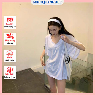 Áo thun trơn tay lỡ cổ tim chất cotton khô tàu siêu mát dáng dài dễ phối đồ siêu sang chảnh