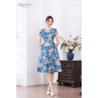 Đầm midi hoa xanh DORIS size Xs, S, M
