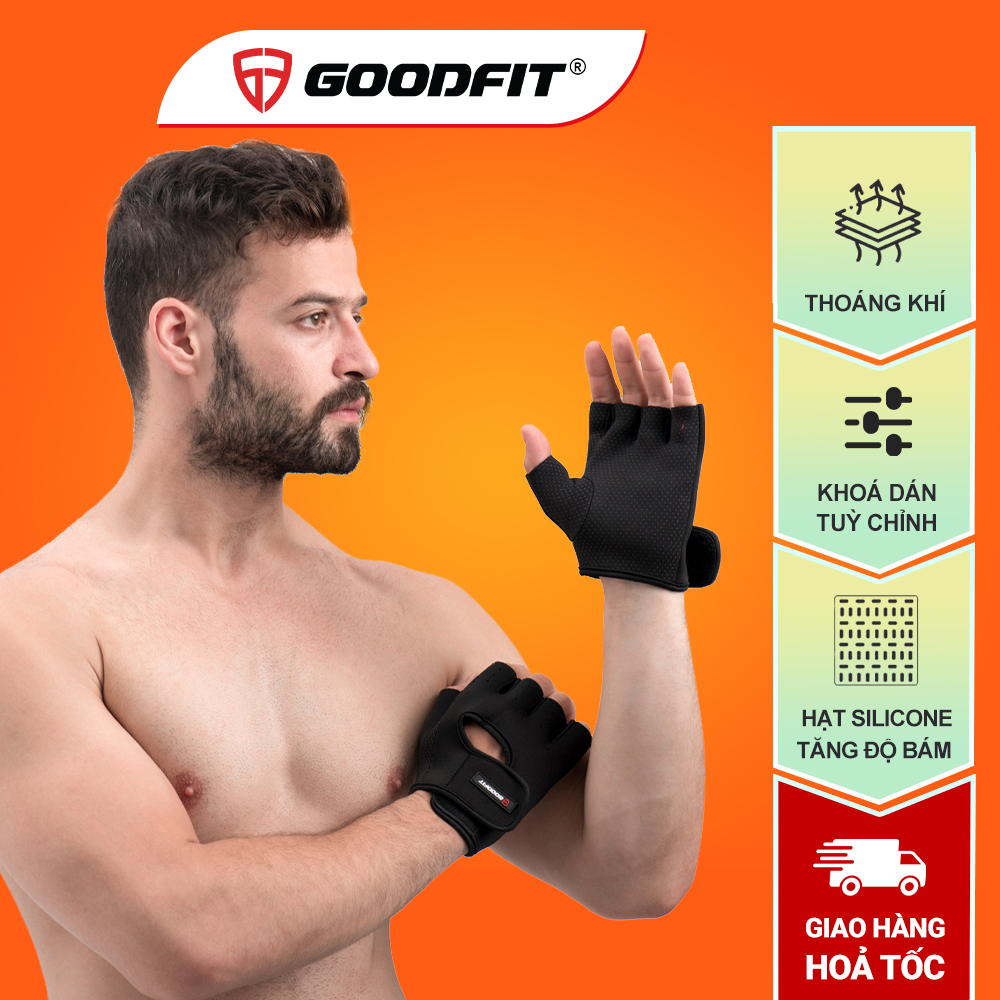 Găng tay hở ngón, bao tay tập gym, tập đu xà nam nữ GoodFit GF202G đệm silicone chống trượt, vải đục lỗ thoáng khí