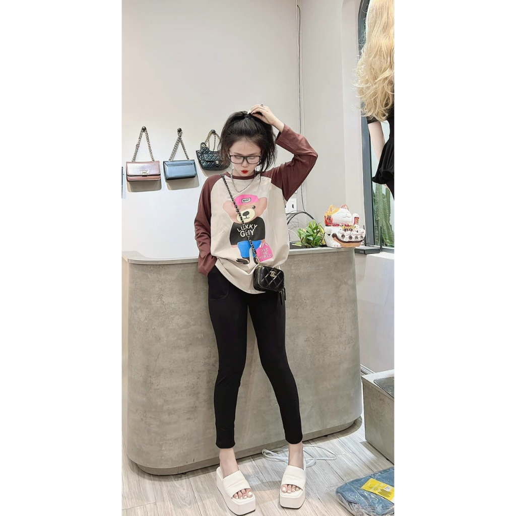 [HÌNH THẬT] Sét Bộ Thun Aó From Rộng Tay Dài Phối Màu In Hình Dễ Thương Kèm Quần Ôm,Bộ Nữ Cá Tính