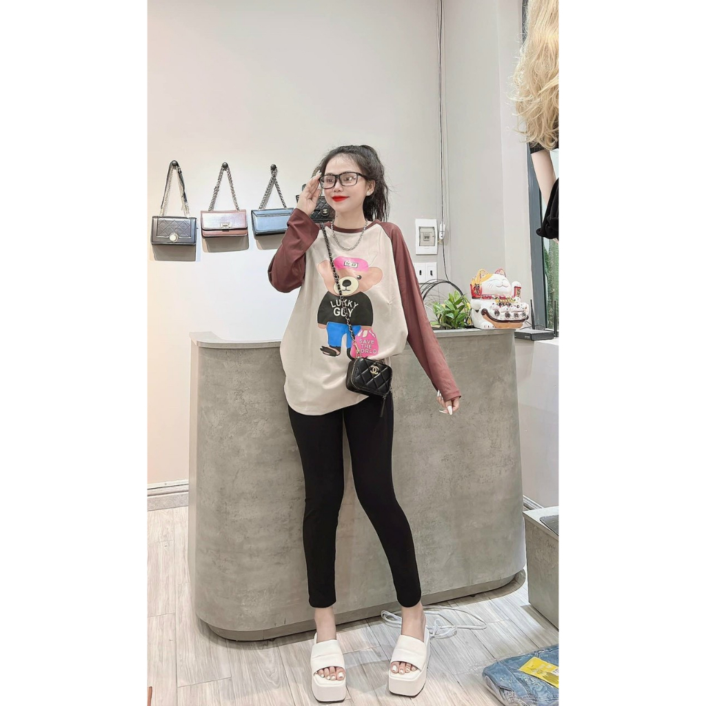 [HÌNH THẬT] Sét Bộ Thun Aó From Rộng Tay Dài Phối Màu In Hình Dễ Thương Kèm Quần Ôm,Bộ Nữ Cá Tính