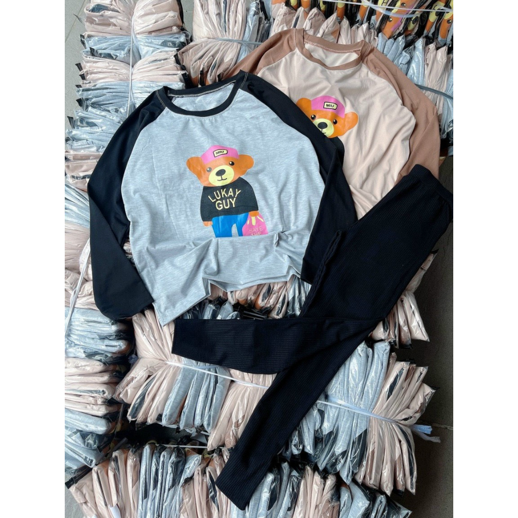 [HÌNH THẬT] Sét Bộ Thun Aó From Rộng Tay Dài Phối Màu In Hình Dễ Thương Kèm Quần Ôm,Bộ Nữ Cá Tính