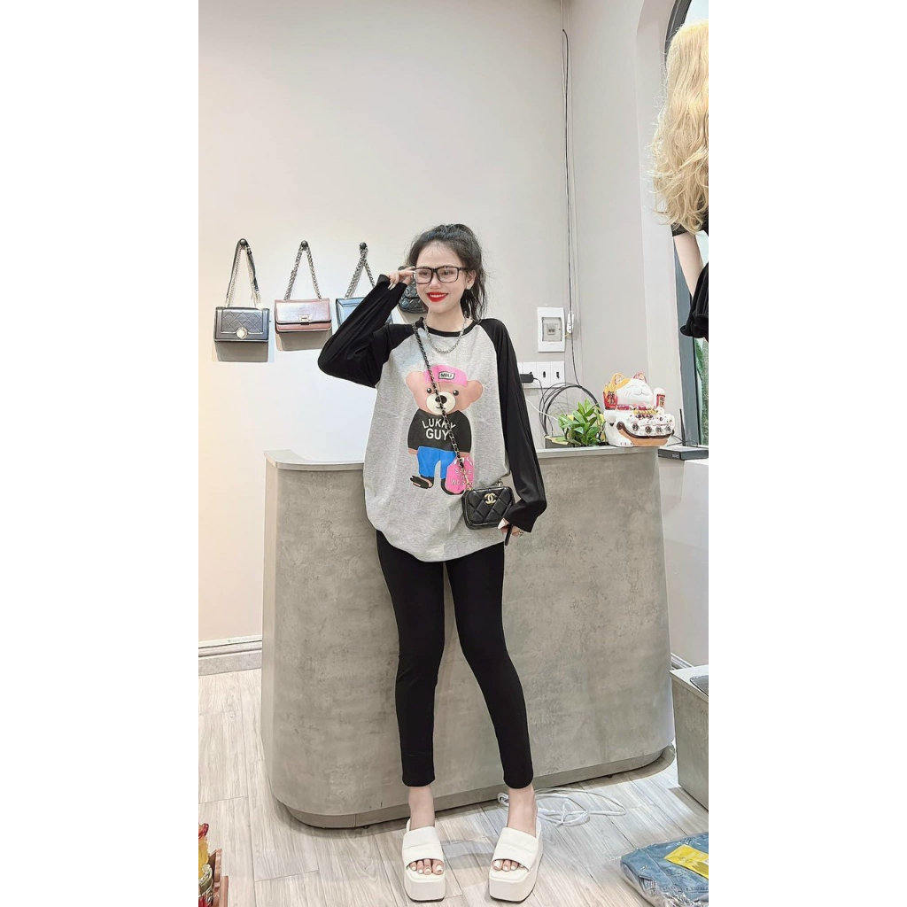 [HÌNH THẬT] Sét Bộ Thun Aó From Rộng Tay Dài Phối Màu In Hình Dễ Thương Kèm Quần Ôm,Bộ Nữ Cá Tính