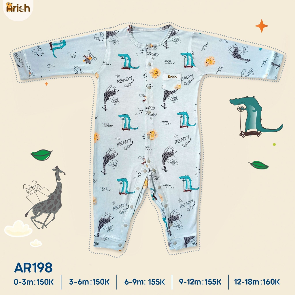 Newborn -18 tháng ,Bộ Body dài tay họa tiết Arich petit vải sợi tre cao cấp