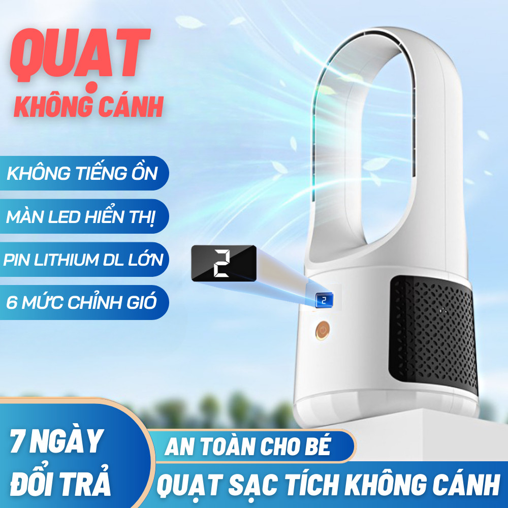 Quạt Tích Điện Để Bàn Không Cánh, Quạt Để Bàn Văn Phòng 6 Cấp Độ Gió, Màn Hình LE0, Sạc USB, Pin 4000mAh An Toàn