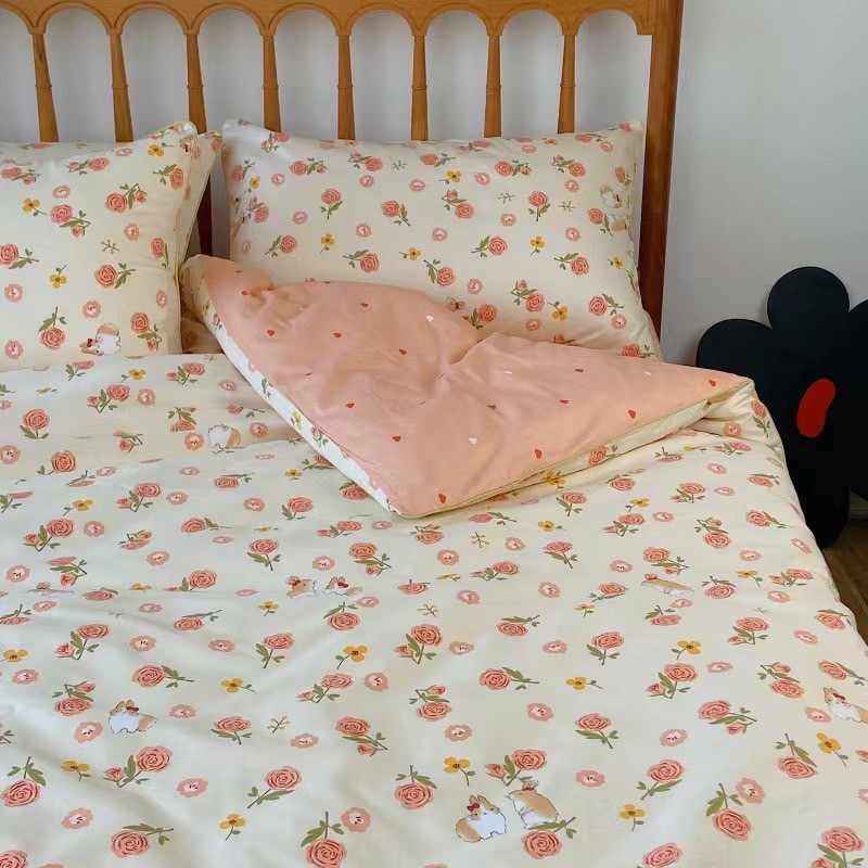 Set chăn ga 4 món cotton living hoa thỏ hồng hoạ tiết