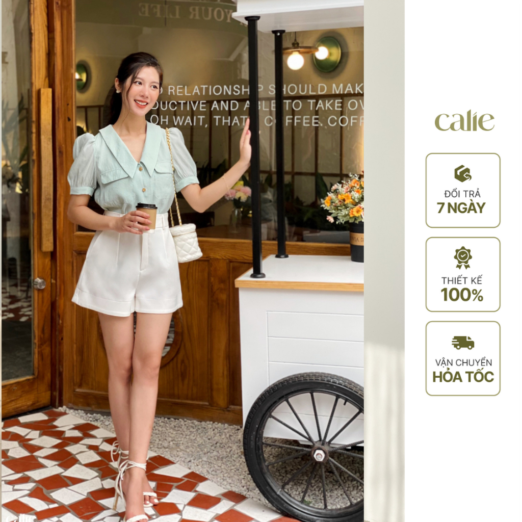 Áo cách điệu lá cổ nhọn nắp túi trang trí Calie AC233