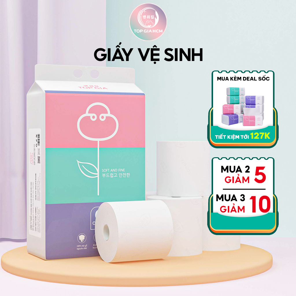 Giấy vệ sinh cuộn có lõi 3 lớp, túi 6 cuộn nhỏ gọn tiện lợi không chất tẩy trắng, siêu dai Top Gia