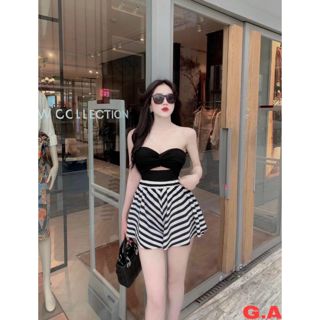 Set bộ áo ống xoắn nơ ngực có mút phối quần đùi xòe họa tiết sọc thiết kế tôn dáng siêu xinh